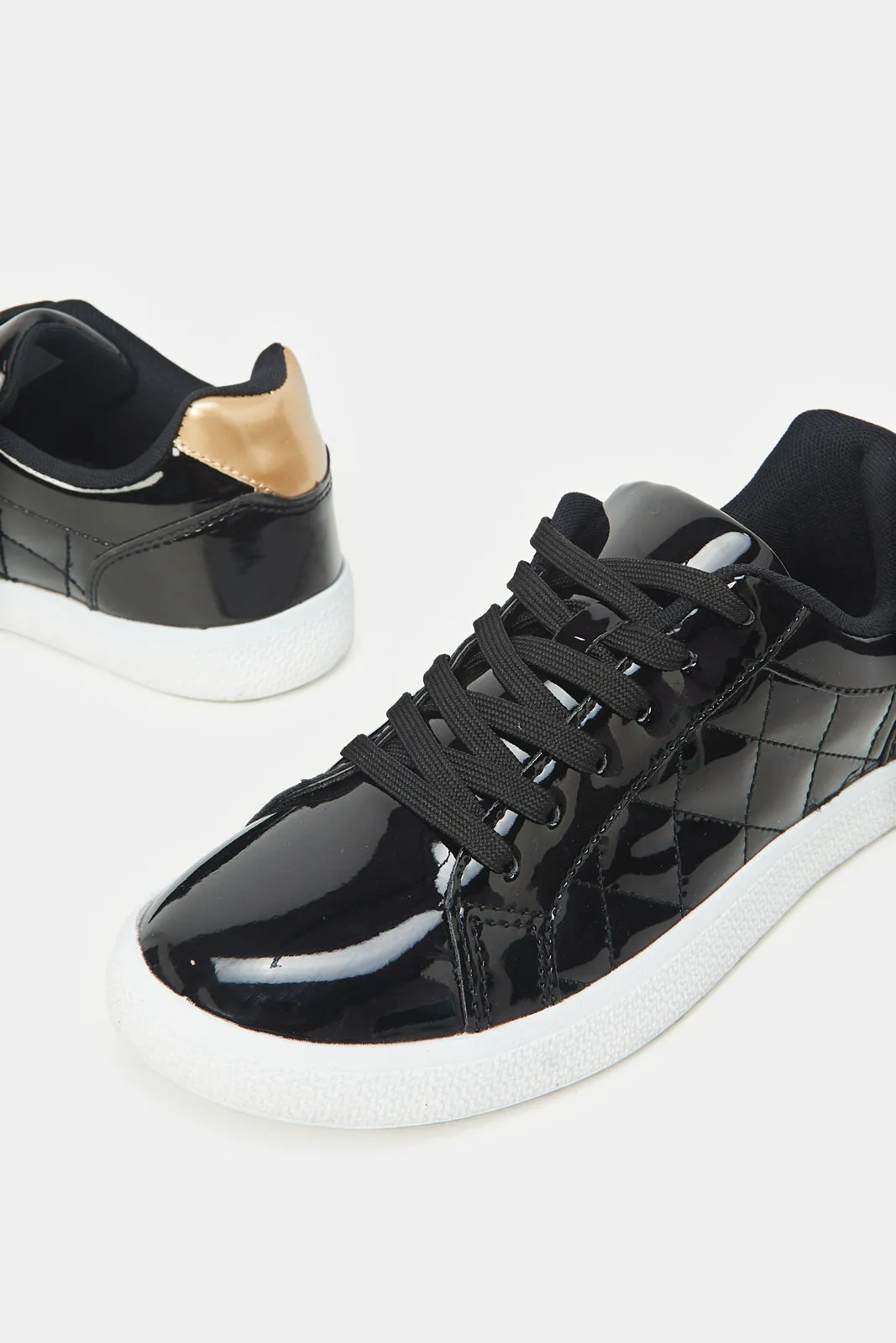 Women Black Patent Quilt Trainer